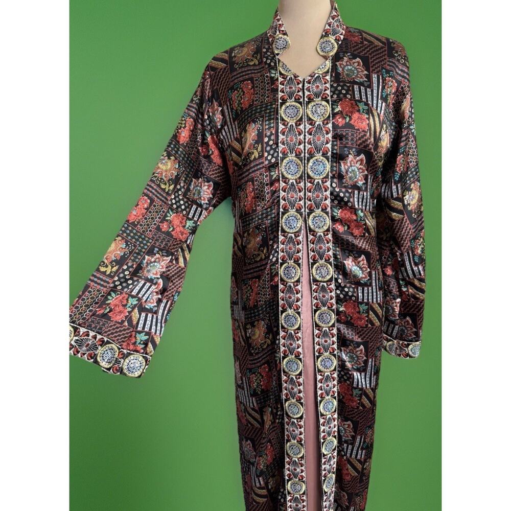 1970s Vintage Satin Caftan | Beaded | Heavy Satin | Hostess Dress | Glam Duster